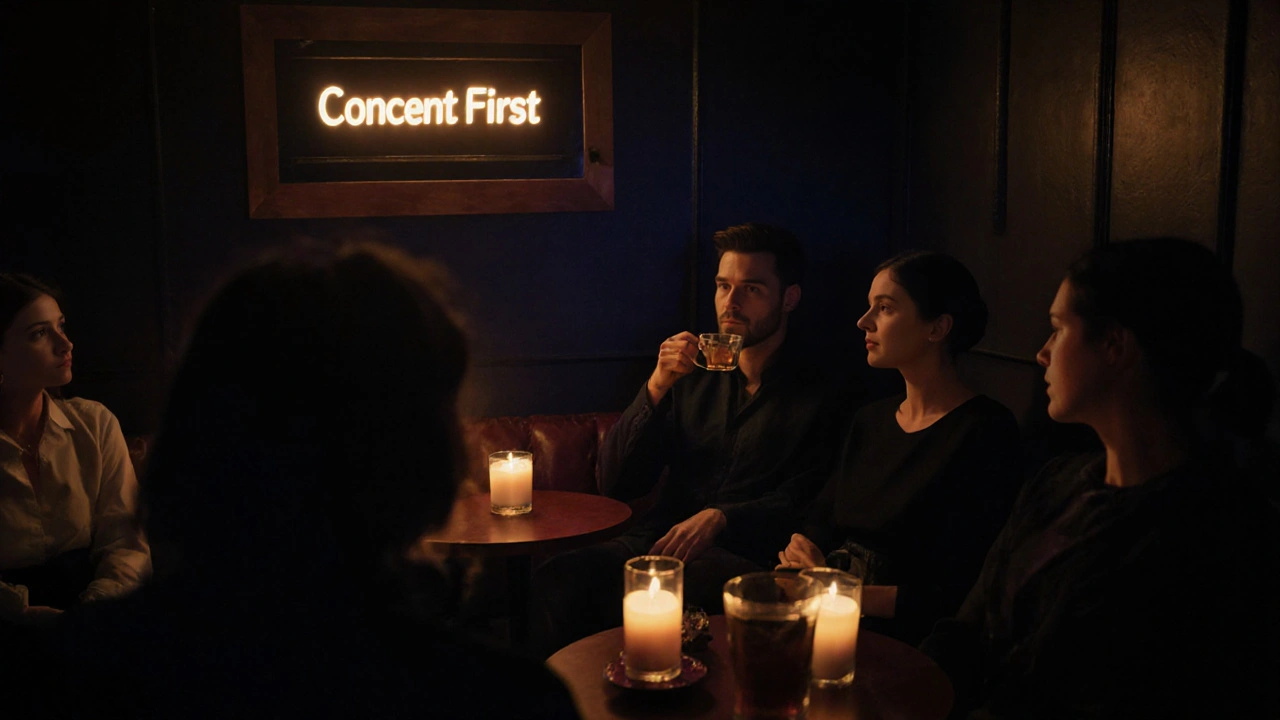 People in a candlelit London fetish lounge talking calmly, emphasizing consent and community.