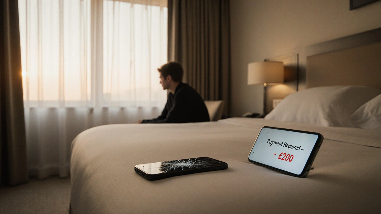 Person sitting alone in a hotel room, staring at a blank wall, phone displaying payment request on bed.