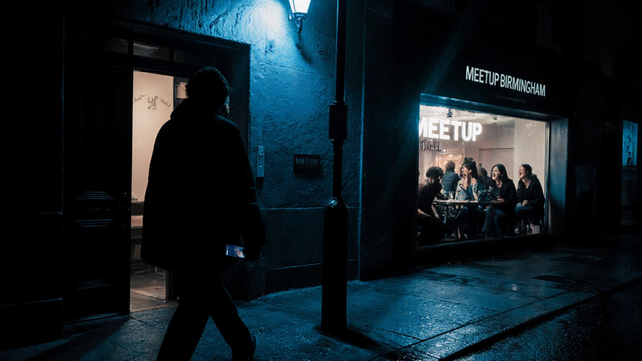Silhouette walking away from a dark doorway toward a lit community center.