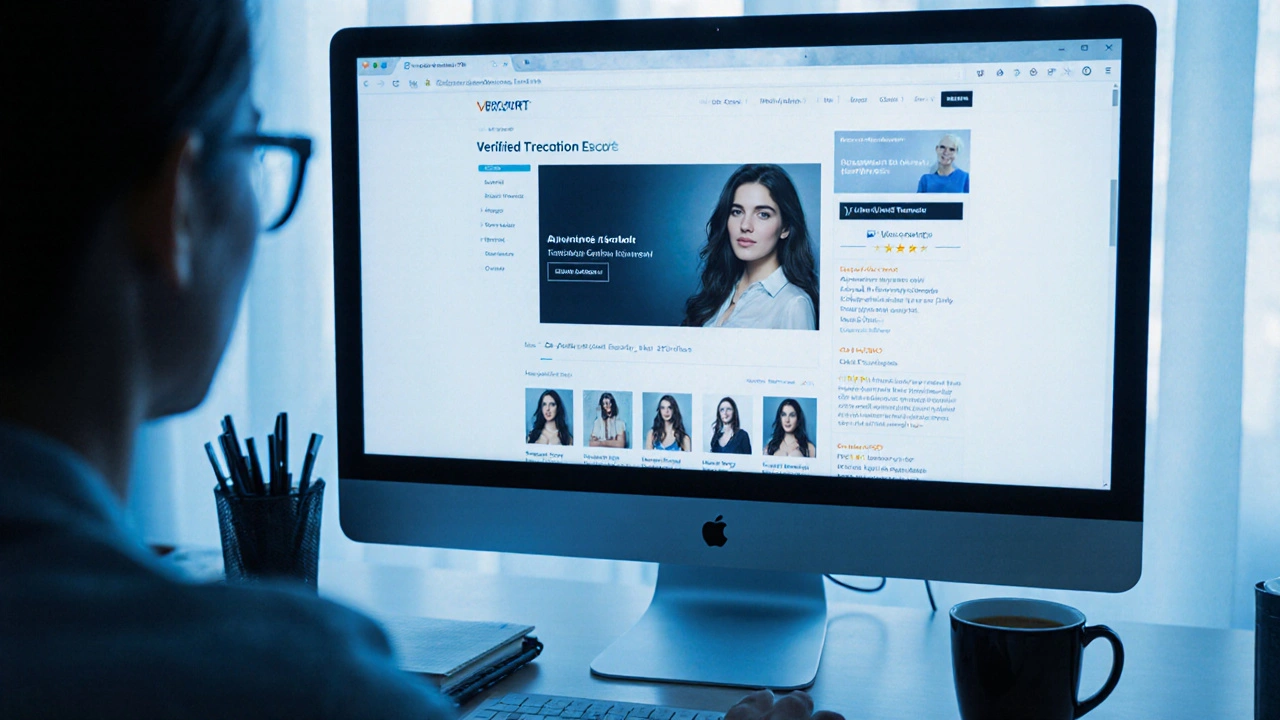 Someone reviewing verified escort profiles on a computer screen.