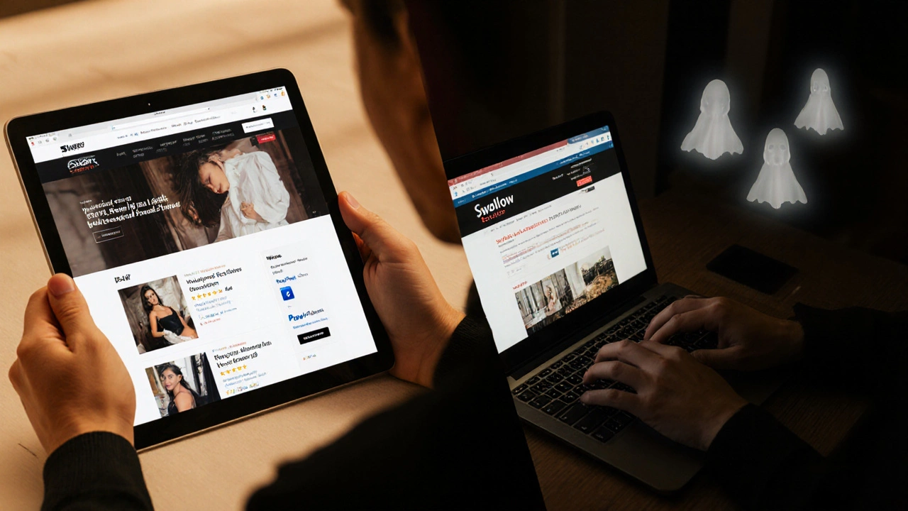 Split image: authentic escort profile on left, fake scam site with ghosted images on right.