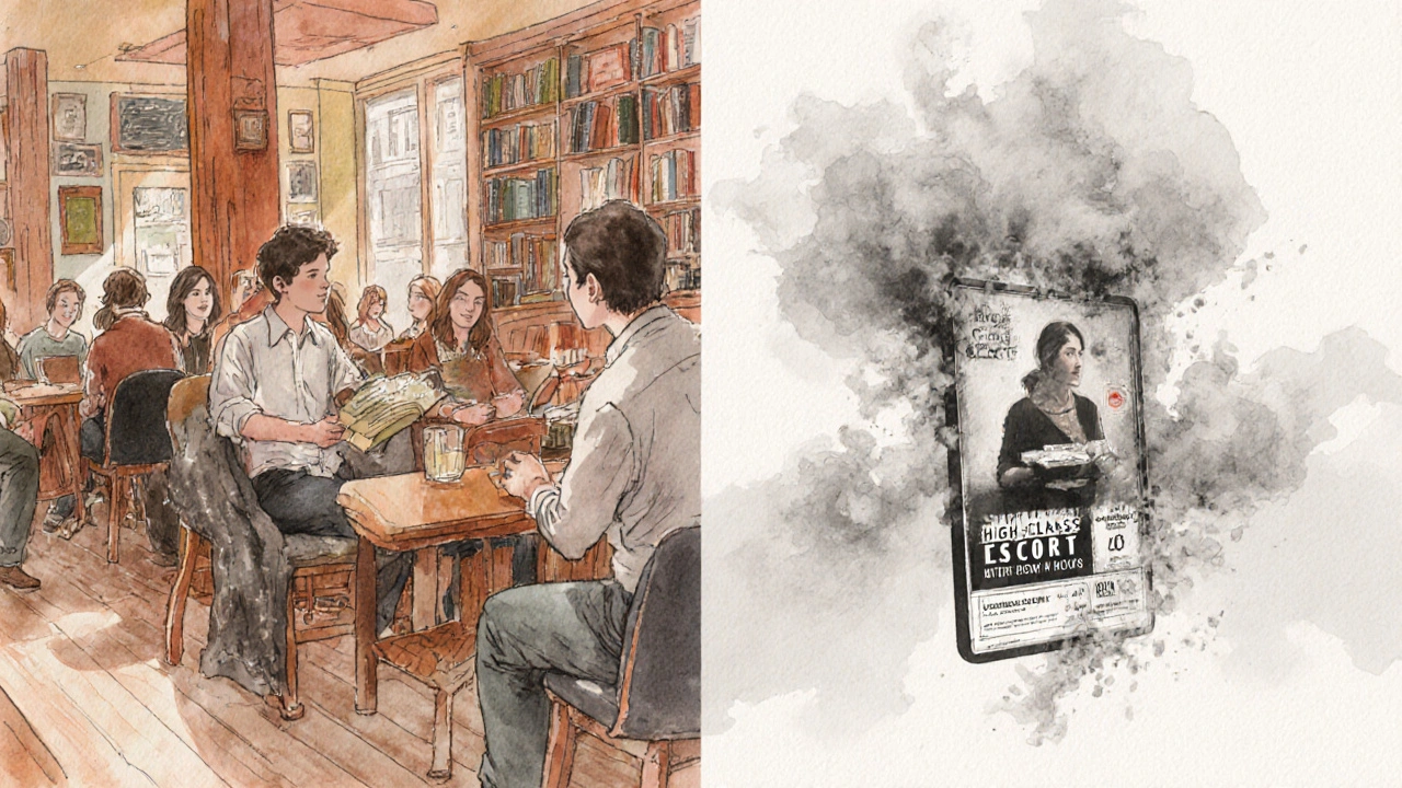 Split scene: person joining a book club in a café vs. a fading escort ad dissolving into smoke.