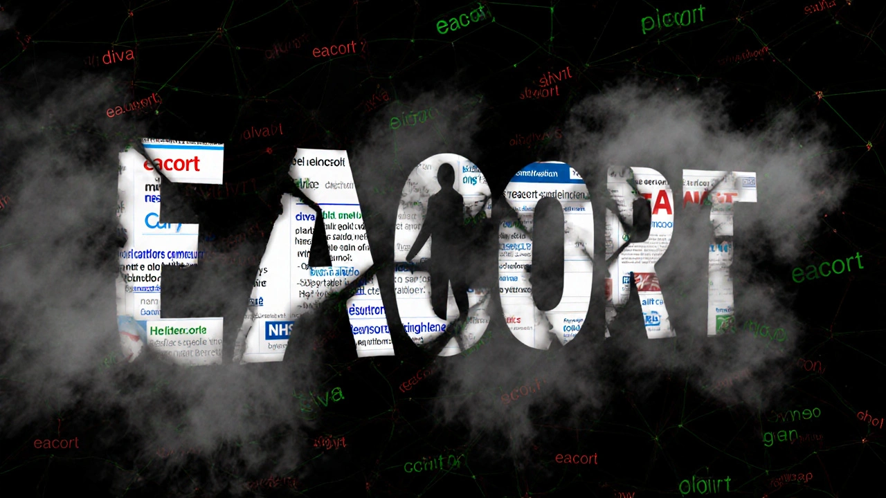 The word &#039;EACORT&#039; breaking apart into medical packaging and escort ads, surrounded by tangled search algorithm lines.