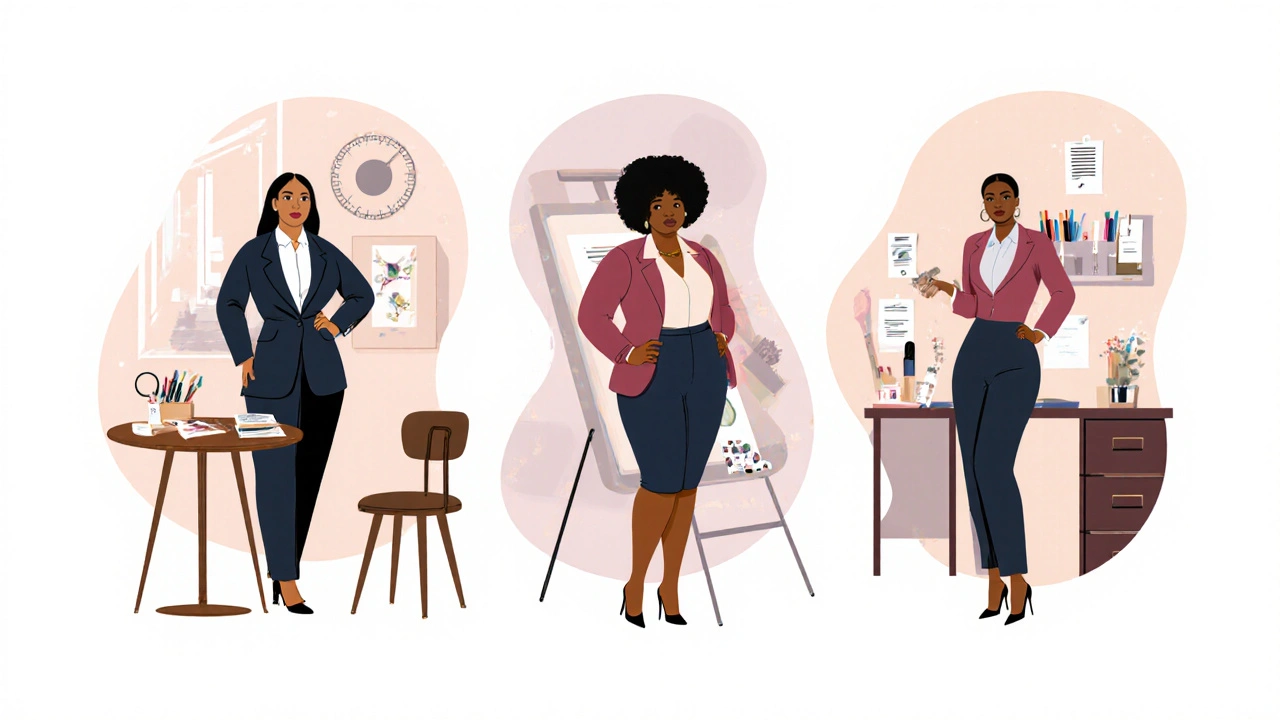 Three diverse BBW women in professional settings, exuding confidence and self-assurance.