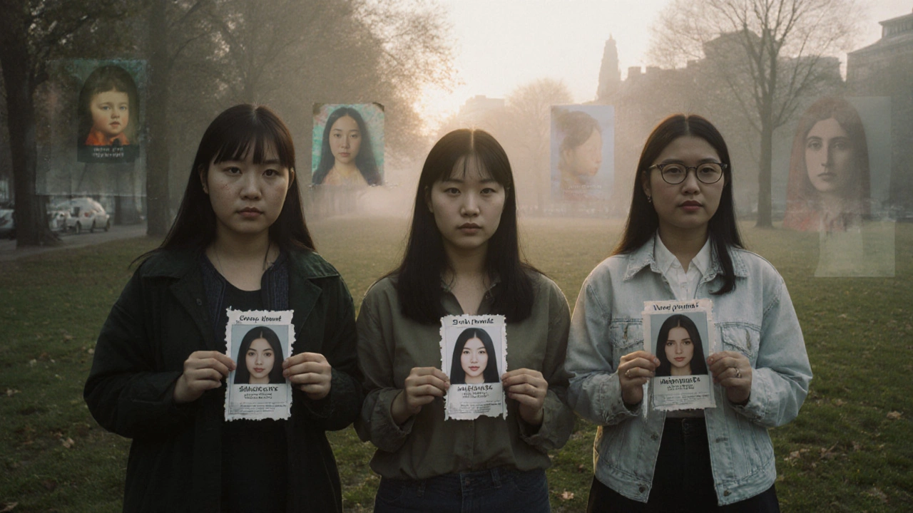 Three women hold torn escort ads in a misty London park, digital overlays flickering behind them.