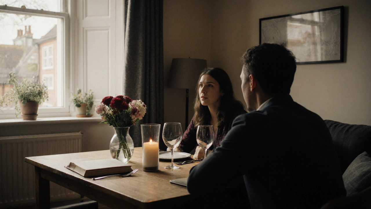 Two people having a quiet dinner in a cozy apartment, candlelight glowing, books and wine on the table, engaged in thoughtful conversation.