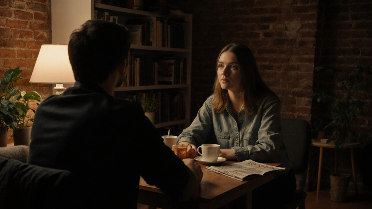 Two people having a quiet, respectful conversation over tea in a cozy, book-filled living room.