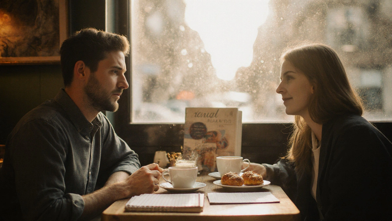 Two people having a quiet, respectful conversation over tea in a London café.