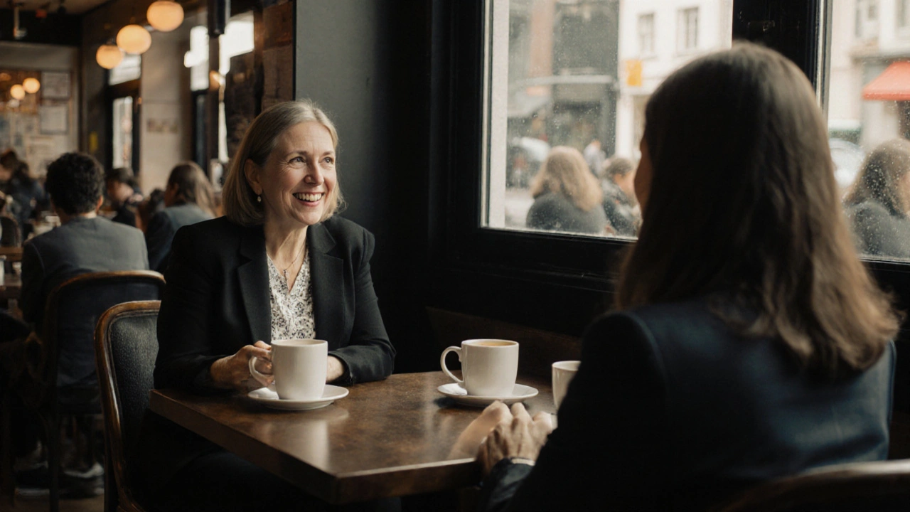 Two people meeting in a quiet café for a safe, initial conversation.