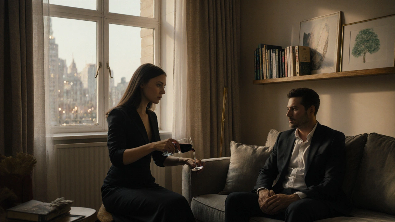 Two people share a quiet evening in a luxury Chelsea apartment, soft lighting and refined decor suggesting companionship without intimacy.