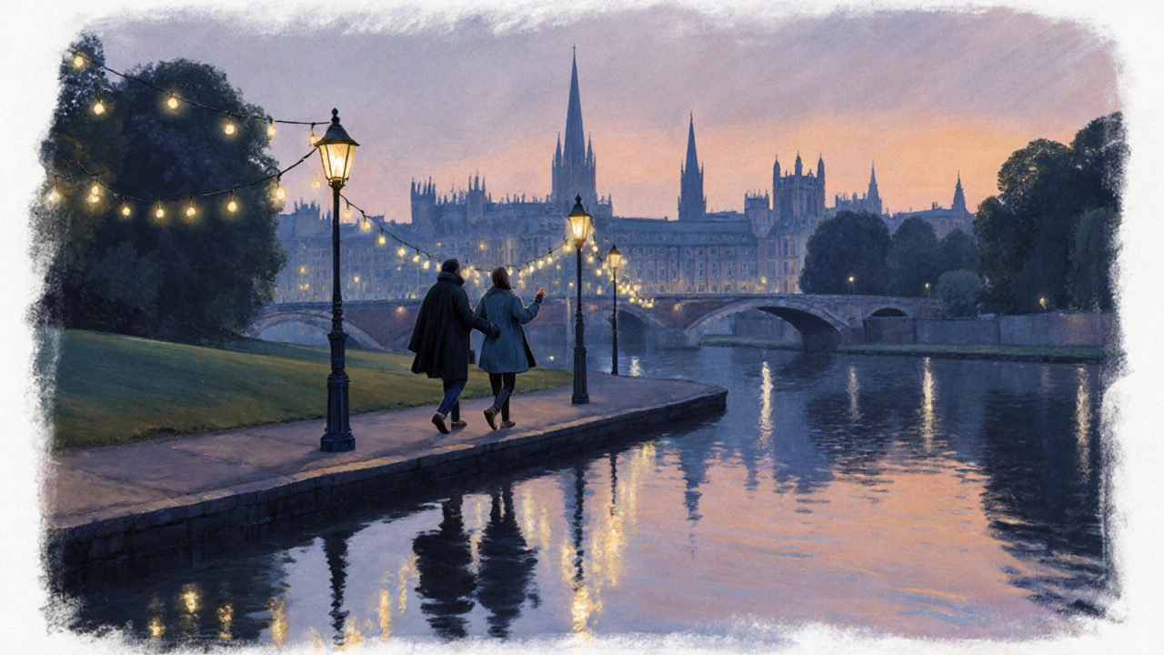 Two people walking peacefully along the River Cam at dusk, enjoying quiet conversation under string lights.