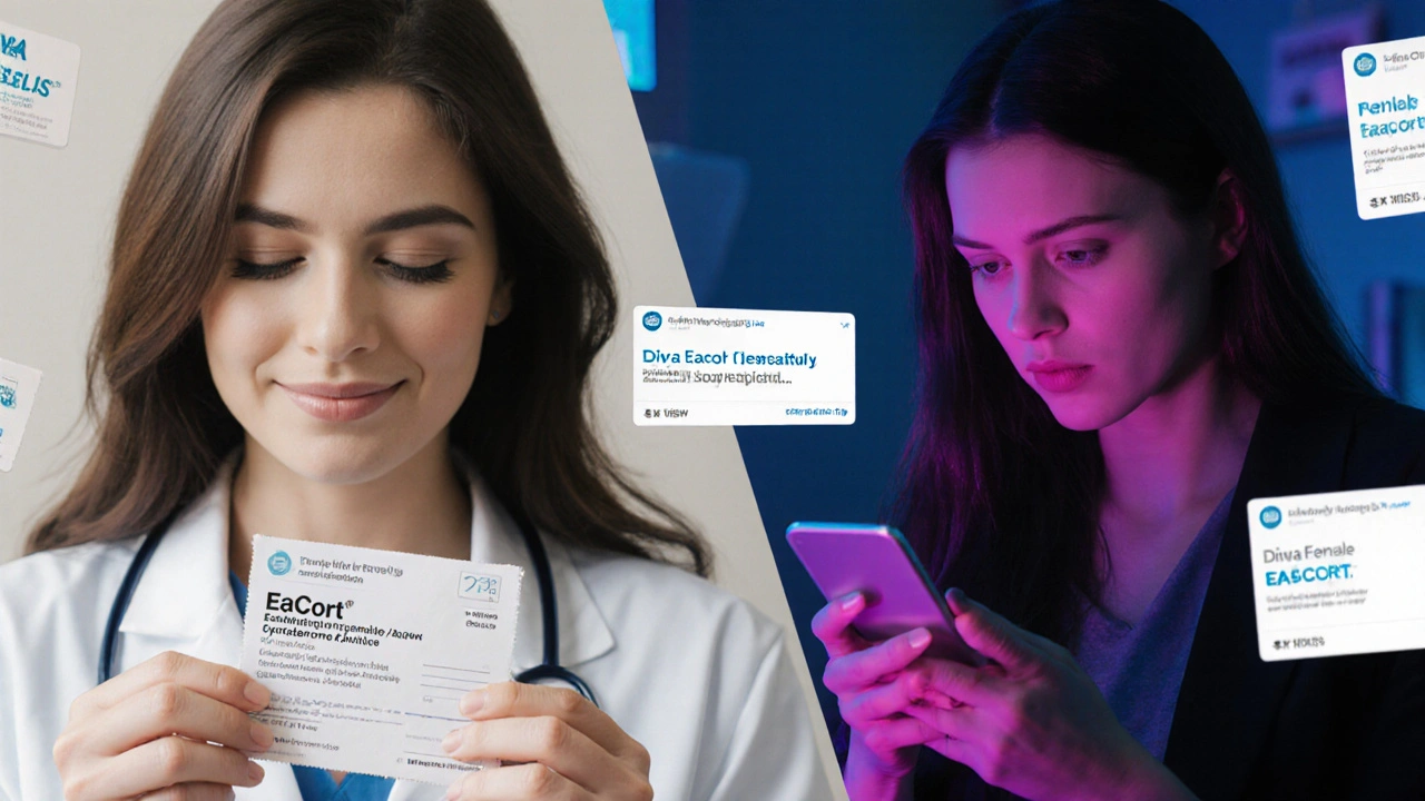 Woman in doctor&#039;s office holding EaCort prescription, contrasted with same woman distressed by escort ads on her phone.